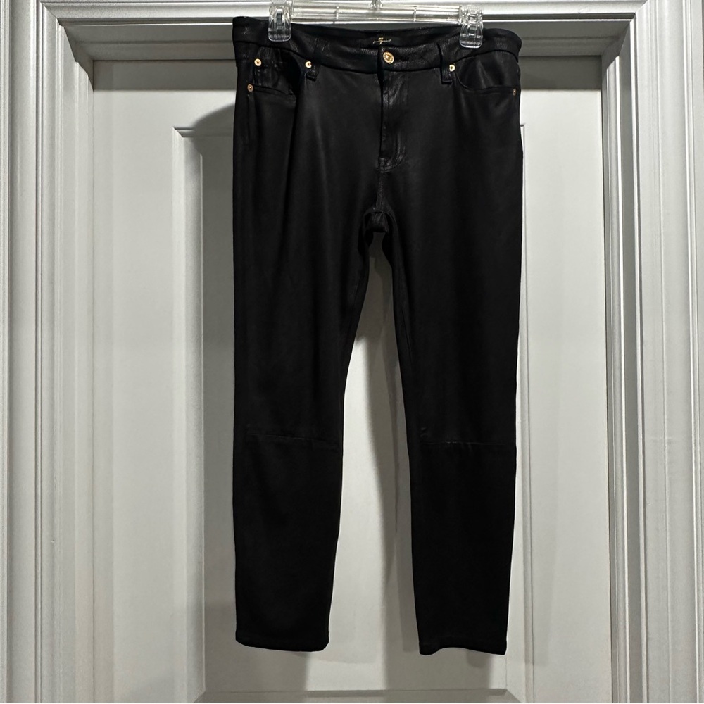 7 For All Mankind black coated or faux leather pants with knee seams. Size 31